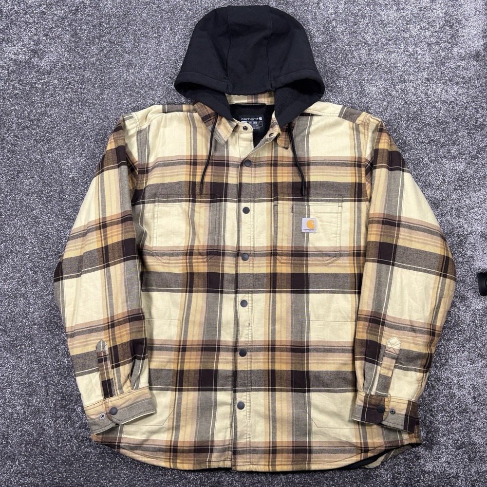 Carhartt Relaxed Fit Hooded Plaid Flannel Fleece Lined Shirt Jacket Mens XL